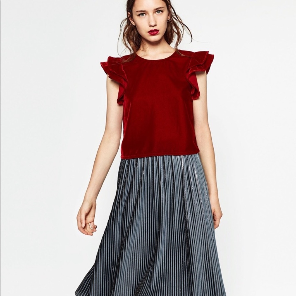 Zara Red Velvet Ruffle Blouse